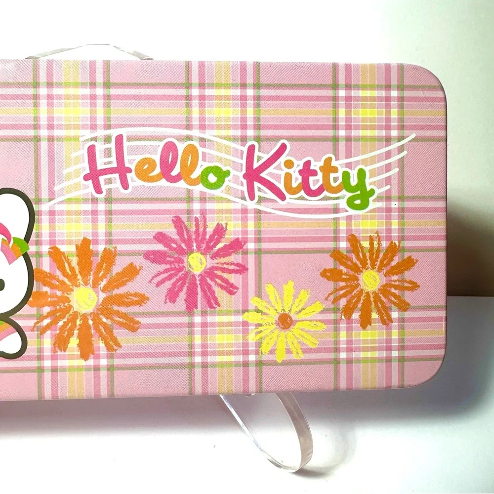 Vintage Sanrio Metal Pencil Box Plaid Daisy Pink Yellow Music Hello Kitty 2002